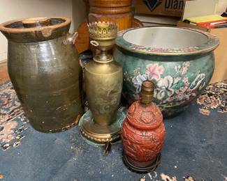 Vintage: crock w lid, two lamps ( one brass) and Chinese porcelain fishbowl planter