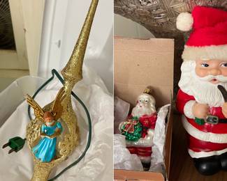 Vintage Jewelbrite Christmas tree topper, Vintage Mr. and Mrs. Santa Claus Mercury glass Christmas ornaments, Santa Claus coin bank