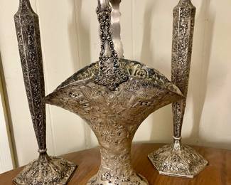 Antique K&S repousse silver-plated candlesticks, and bride’s basket