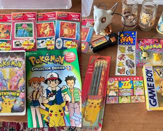 Pokemon VHS, Pokemon Stickers (sealed), Pokemon Welch jelly glasses, Pokemon pencils, Sealed stickers, Tony Pokemon "Cub8ne" remote, Game Boy Pokemon "Special Pikachu Edition" box only.