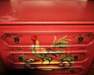 Red Chinoiserie-Style Hand Painted Chest of Drawers