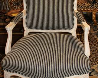 Armchair with a White Washed Frame and Striped Upholstery Fabric