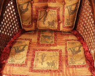 Mid-Century Modern Bamboo and Cane Barrel Armchairs W/ Ornate Cushions