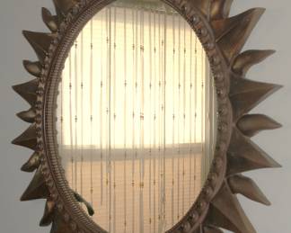 Mid Century Modern Coppery Gilt Metal Oval Sunburst Wall Mirror