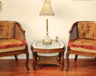 Mid-Century Modern Bamboo and Cane Barrel Armchairs W/ Ornate Cushions