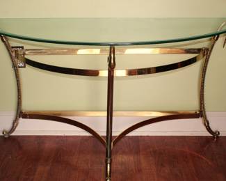 Mid-Century Brass and Glass Top Hall Console W/ Swan Head Motif