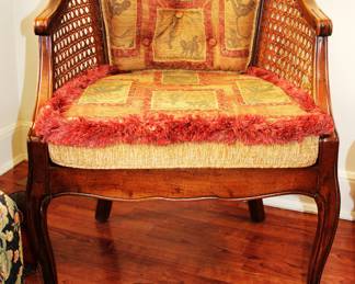 Mid-Century Modern Bamboo and Cane Barrel Armchairs W/ Ornate Cushions