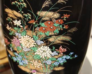 Vintage Japanese Black Ceramic Vase, Hand Painted.