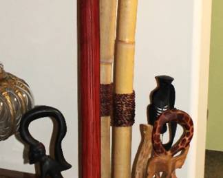 Carved Walking Sticks/Large Musical Flutes
