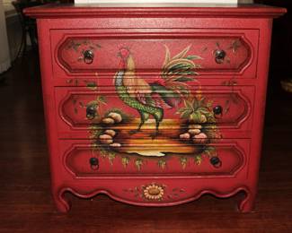 Red Chinoiserie-Style Hand Painted Chest of Drawers