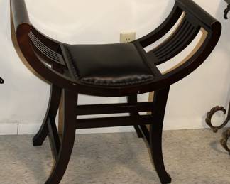 Dark Brown Mahogany Wood W/ Faux Leather Curule-Style Bench (2)