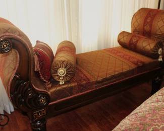Carved Mahogany Fainting Couch w/Upholstery Fabric
