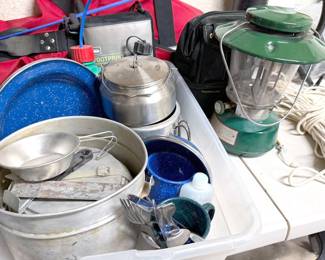 Camping: Snow Lion sleeping bag, pillows, lantern, dishware, Coleman air pump