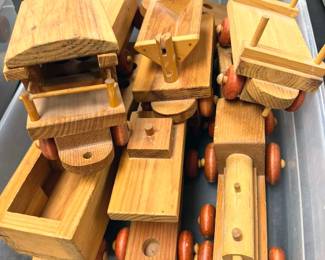 Vintage wooden toys: trains, planes + automobiles!, including Montgomery Schoolhouse + Brio + wooden block sets