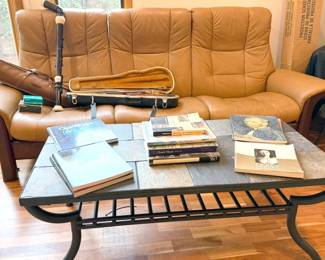 Stressless leather couch, slate coffee table