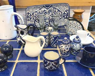 Talavera: water dispenser, s + p shakers, tray, smallwares