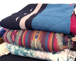 Linens: king sheet set, quilts, blankets, bed pillows, king mattress cover, assorted towels