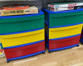 Storage bins, vintage games