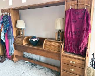 MCM king headboard set with side consoles, shelves