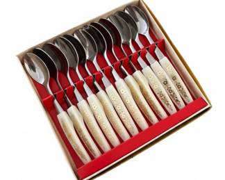 Vintage Cream Gold Floral Stainless Steel Appetizer or Cocktail Utensil Set fourth image