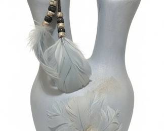 Light Blue Ceramic Pitcher with Feather and Bead Embellishments