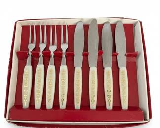 Vintage Cream Gold Floral Stainless Steel Appetizer or Cocktail Utensil Set fifth image