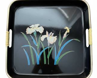 Vintage Japanese Lacquer Tray with Iris and Dragonfly Design second image