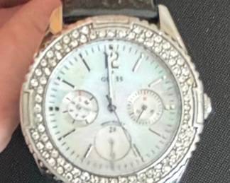 Guess Womens Crystal Bezel Chronograph Watch with Black Leather Strap