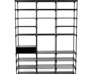 Black Metal Shelving Unit with Household Supplies second image