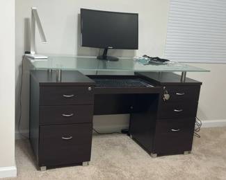 Pre-Sale Item: Modern Glass Top Desk with Dark Wood Pedestals