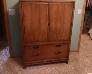7 pc Fancher vintage walnut campaign style MCM mid century modern bedroom set: chest, dresser,  2 mirrors, 2 nightstands, king size headboard and metal frame available for presale $500 set, box sprand mattress set additional $100.