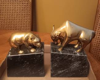 Vintage marble & brass bear & bull stock market bookend set