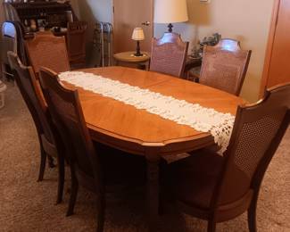 Hollywood Regency vintage walnut dining room table,3 skirted leaves,  6 chairs, available for pre-sale $95 set.