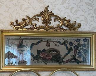 Note - top filigree piece is separate from the cross-stitch gold framed picture.   