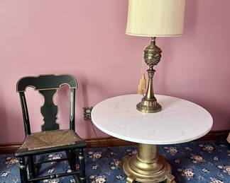 Wonderful wooden ratan rocker is actually adult worthy along with the solid wood and marble table and solid brass lamp -- quite the trio!