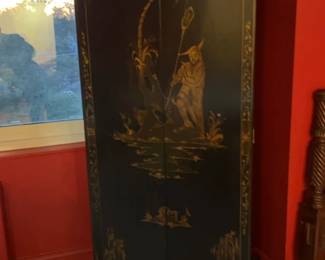 Black Lacquer Chinoiserie Tall Cabinet 30 x 18 x 82