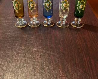 Vintage Multi-Colored Shot Glasses with Gold Rim & Cameo Design - Set of 5