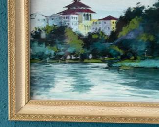 Framed Original Landscape Watercolor Painting - Buildings & Lake Scene