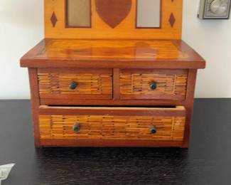 Vintage Wooden Jewelry Box with Photo Frames & Inlay Detail
