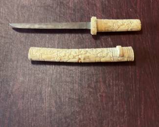 Antique Hand-Carved Japanese Motif Bone or Resin Tantō Knife & Sheath