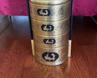 Antique Burmese Lacquerware Tiffin Box with Ornate Gold Gilt & Handle