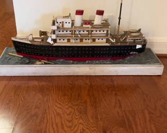 Vintage Handcrafted Wooden Steamship Model with Display Base