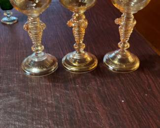 Set of 3 Vintage Gold Encrusted Glass Goblets with Ornate Stem
