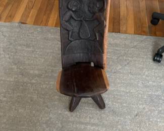 African Hand-Carved Wooden Palaver Chair with Figurative Relief
