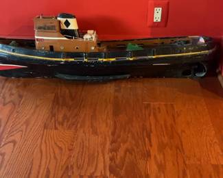 Vintage Hand-Painted Wooden Tugboat Model