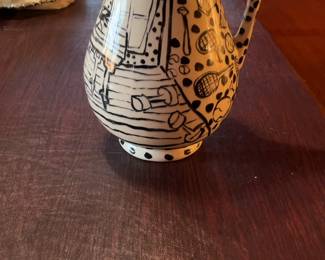 Black and White Hand-Painted Ceramic Pitcher with Tennis and House Motif