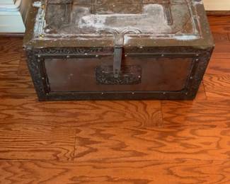 Antique Metal Clad Storage Chest with Ornate Embossed Details
