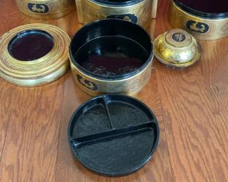 Antique Burmese Lacquerware Tiffin Box with Ornate Gold Gilt & Handle