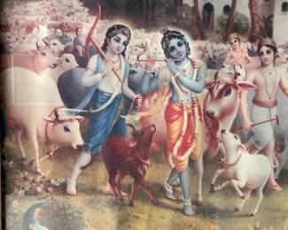Framed Lord Krishna and Balarama with Cows Religious Hindu Art Print