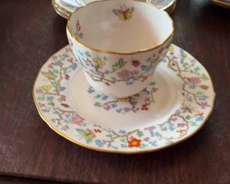 Bone China Tea Cups and Saucers Set with Floral Butterfly Pattern Set of 3
